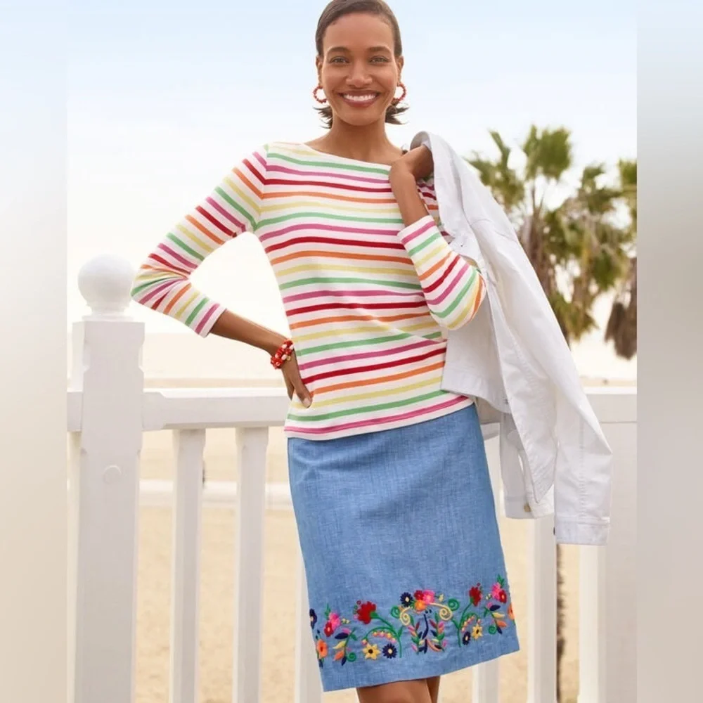 Talbots Womens Cotton Bateau Neck Sonora Stripe 3/4 Sleeve Tee Colorful Size XL - Picture 2 of 9